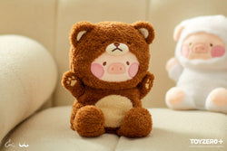 A stuffed teddy bear in a piggy costume, part of LuLu the Piggy Costume Series - Fluffy Hand Puppets from Strangecat Toys. Perfect for play or collection, 19.5 cm x 10.5 cm x 22 cm.