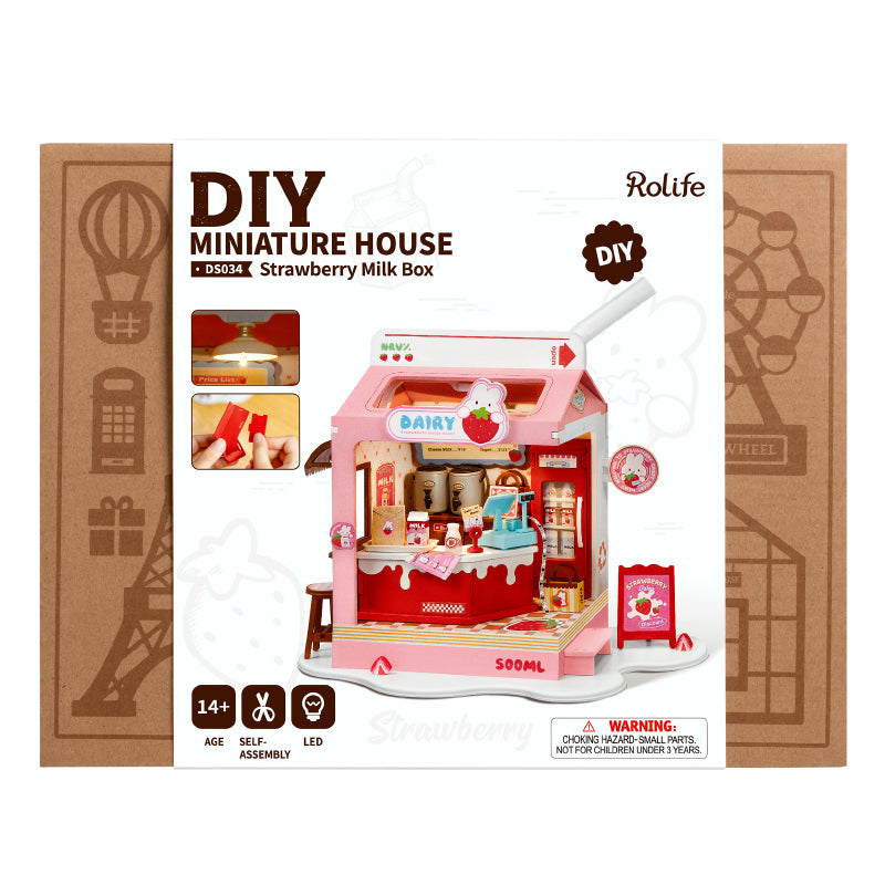 Strawberry Milk Box DIY Miniature House: A creatively-designed toy house in a breadbox shape, ideal for table decor and pretend play.