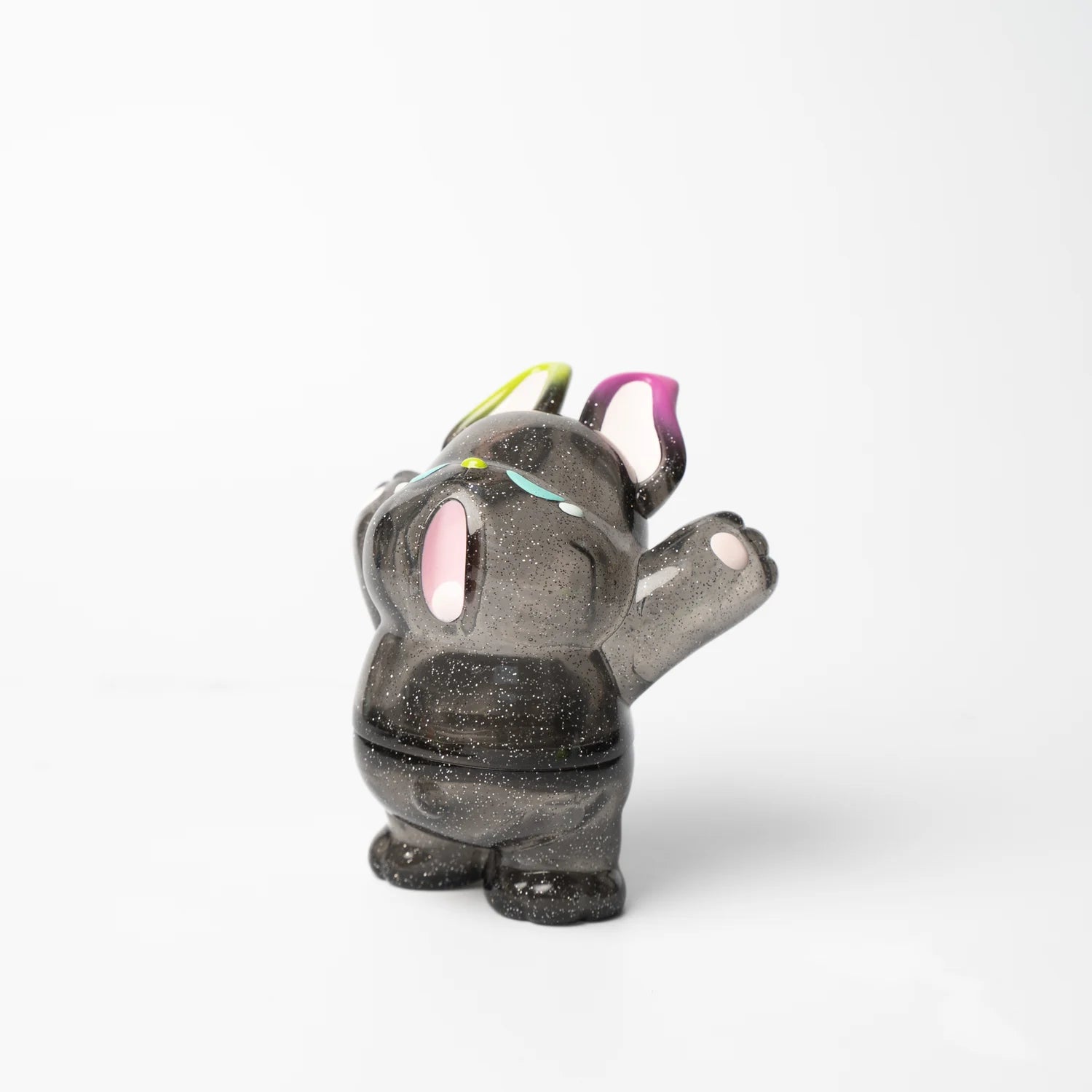 A small grey animal figurine, Elfie & Nimbus Yawn Glitter Edition, preorder for July 2024, made of soft vinyl, approximately 10cm, in printed box.