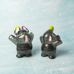 Two small black and green figurines, ELFIE & NIMBUS YAWN GLITTER EDITION, preorder, 10cm soft vinyl, summer-themed bumble bee design by Too Natthapong.