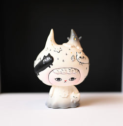 Resin hand-painted cat figurine, Black & White Cat Witch by Hua Hua, close-up details of cat face and toy features.