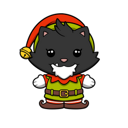 Cartoon cat in a garment, gnome, and penguin illustrations for Secret Santa TOKEN 2023.