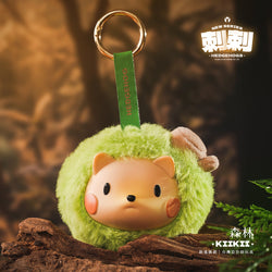 Hedgehogs Season Plush Blind Box Series keychain, featuring a small green furry animal design, part of a collection with six regular and one secret design.