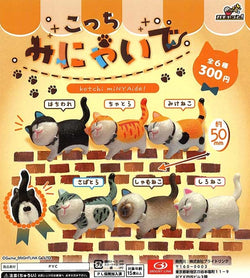 A blind box surprise from Strangecat Toys: kotchi minyaide! Gacha Series. Features cat-themed toys and figurines, including a cat toy with a bell and a cat figurine with a cat on its back.