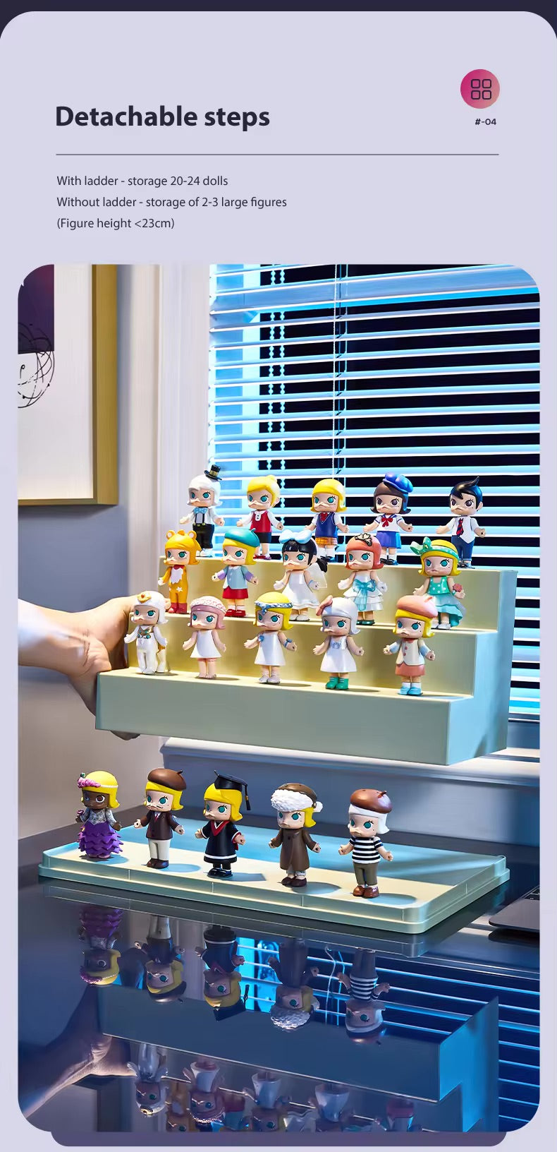 A hand holds a shelf with various toy figurines, including a doll in a white dress and a cartoon character. Mini Figure Display Case for preorder, sizes: Medium 30*17*23.5cm, Large 34*23*31.5cm.