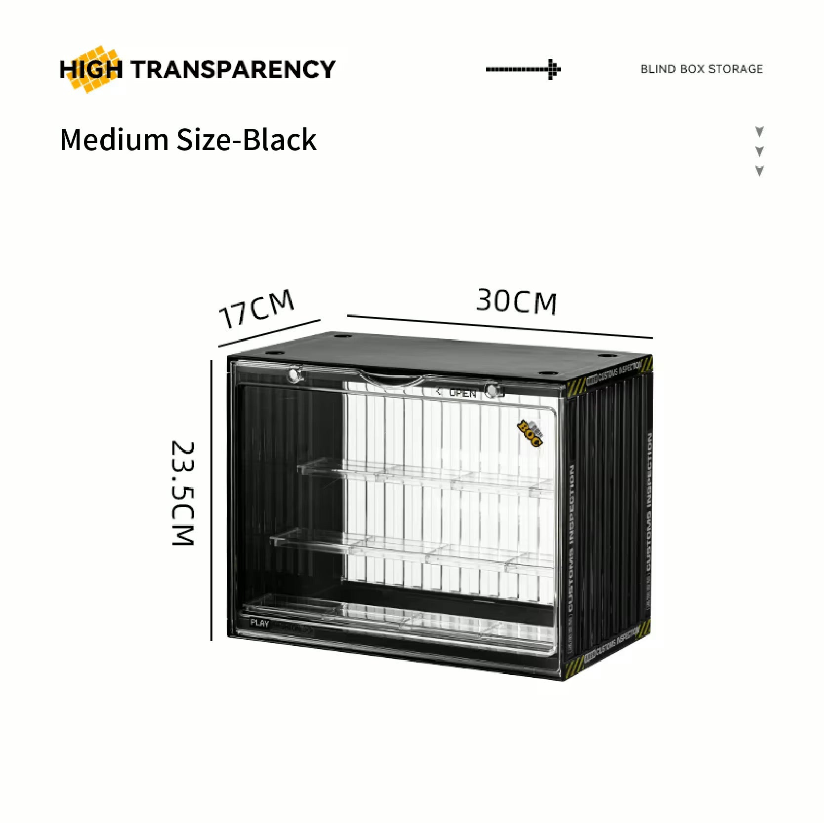 A black showcase display case with a clear shelf, ideal for preorder stacking. Dimensions 35*17*19cm. From Strangecat Toys.