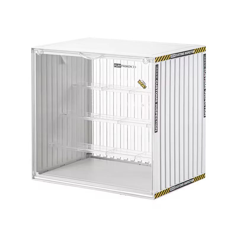 A white stackable Showcase Display Case with shelves, ideal for preorder at Strangecat Toys. Dimensions: 35*17*19cm. Shipping starts July 2024.