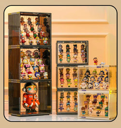 A group of cartoon character display cases, featuring various characters, at Strangecat Toys. Preorder - Ships July 2024. Stackable design. Multiple case orders may require additional shipping.