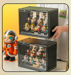 A person holding a Showcase Display Case with action figures. Toy in container. Toy figurine of a cartoon character. Drawing of a pig. Store: Strangecat Toys.