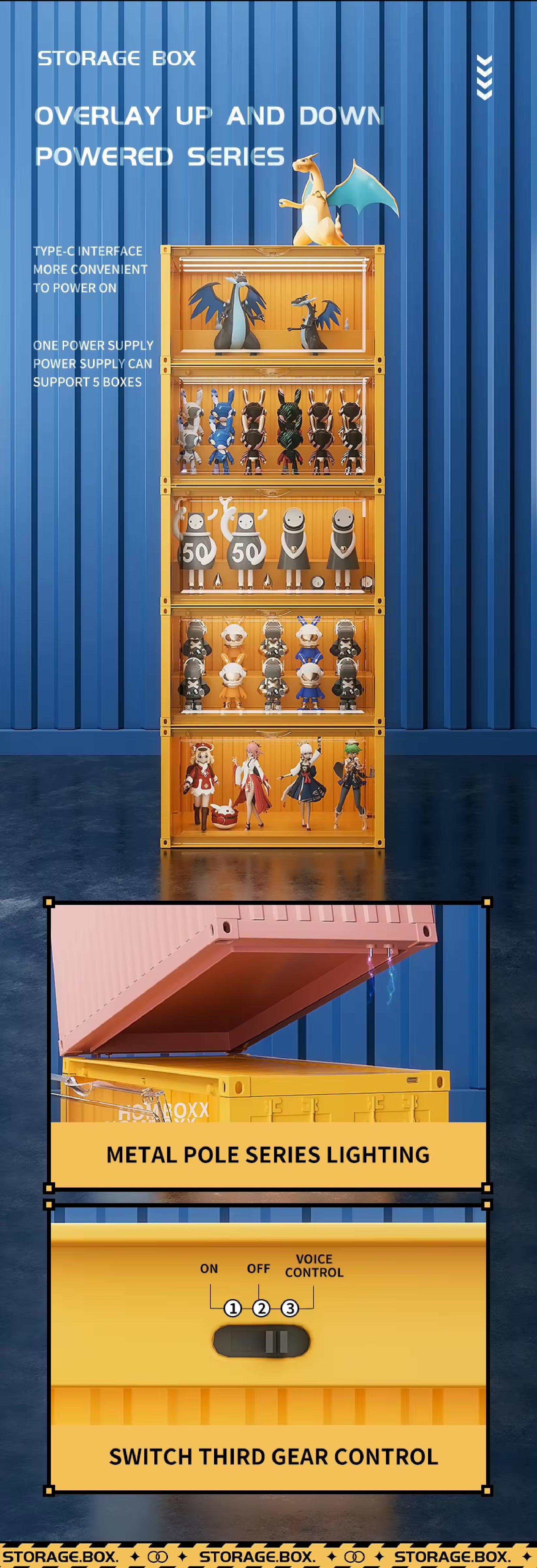 A stackable Container Toy Display Case with cartoon characters, a doll in a red dress, a blue and white robot, and a white object with ears. Preorder - Ships July 2024.