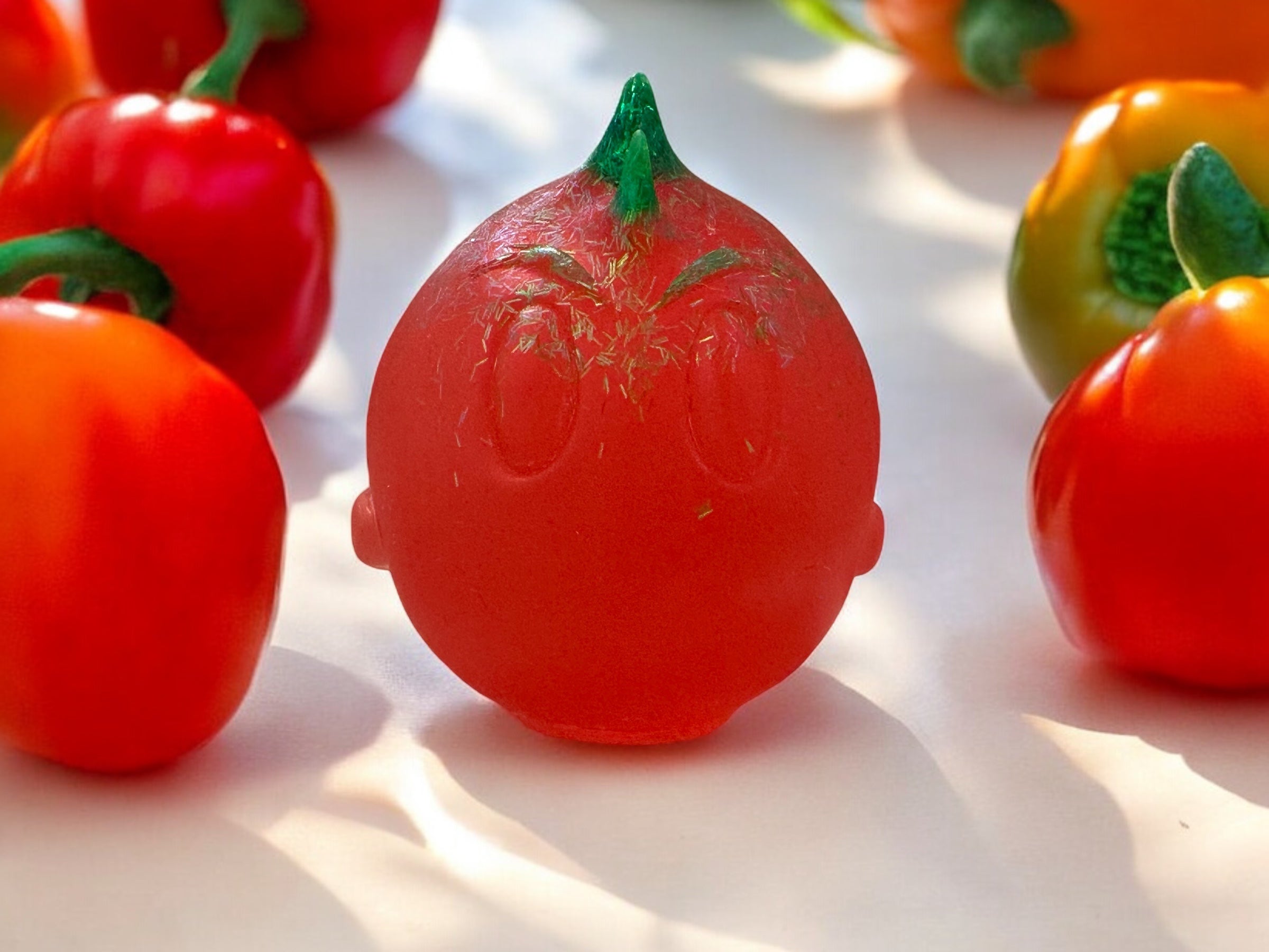 High Spirits - Hot Pepper Evil One by Evil Ghosty: A red, round object with a face, resembling a bell pepper, part of Strangecat Toys' mixed media art collection.