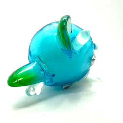 A blue and green toy piggy bank, Momiji-chan Blue Pond by Asako Hashi, a whimsical character from Hokkaido, Japan.