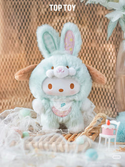 Sanrio Elf Bunny Baby Plush Keychain Blind Box Series featuring a stuffed toy in a bunny garment, available for preorder at Strangecat Toys.