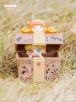 PIPOPO Return to Childhood Series Blind Box showcasing two dolls in packaging, available for preorder with eight regular designs and one secret option.