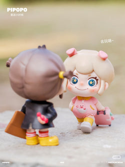 PIPOPO Return to Childhood Series Blind Box figurines, featuring a toy girl and boy, part of a collectible set with 8 designs and a secret option.