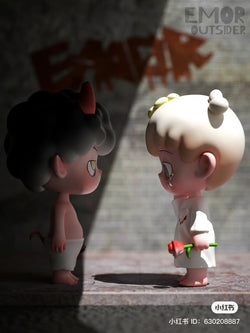 A close-up of Emor - Outsider Blind Box Series figurines, featuring cartoon characters and toy figurines of a boy and girl. Preorder now for June 2024.