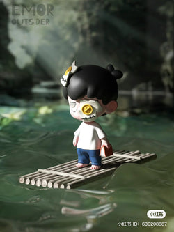 A cartoon character on a raft in water, a toy figure with a patch on the face, a child's feet on a bamboo raft, a baby's legs, a sign, a doll, an egg, a number on a green background, a yellow button with a cross.