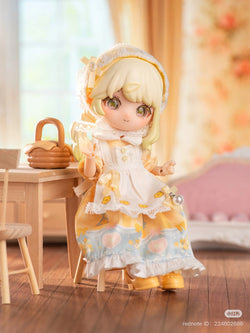 LIRORO Liloro's Fairy Tale House BJD Figure in a yellow dress, standing near a table. Preorder for a series featuring 6 designs.