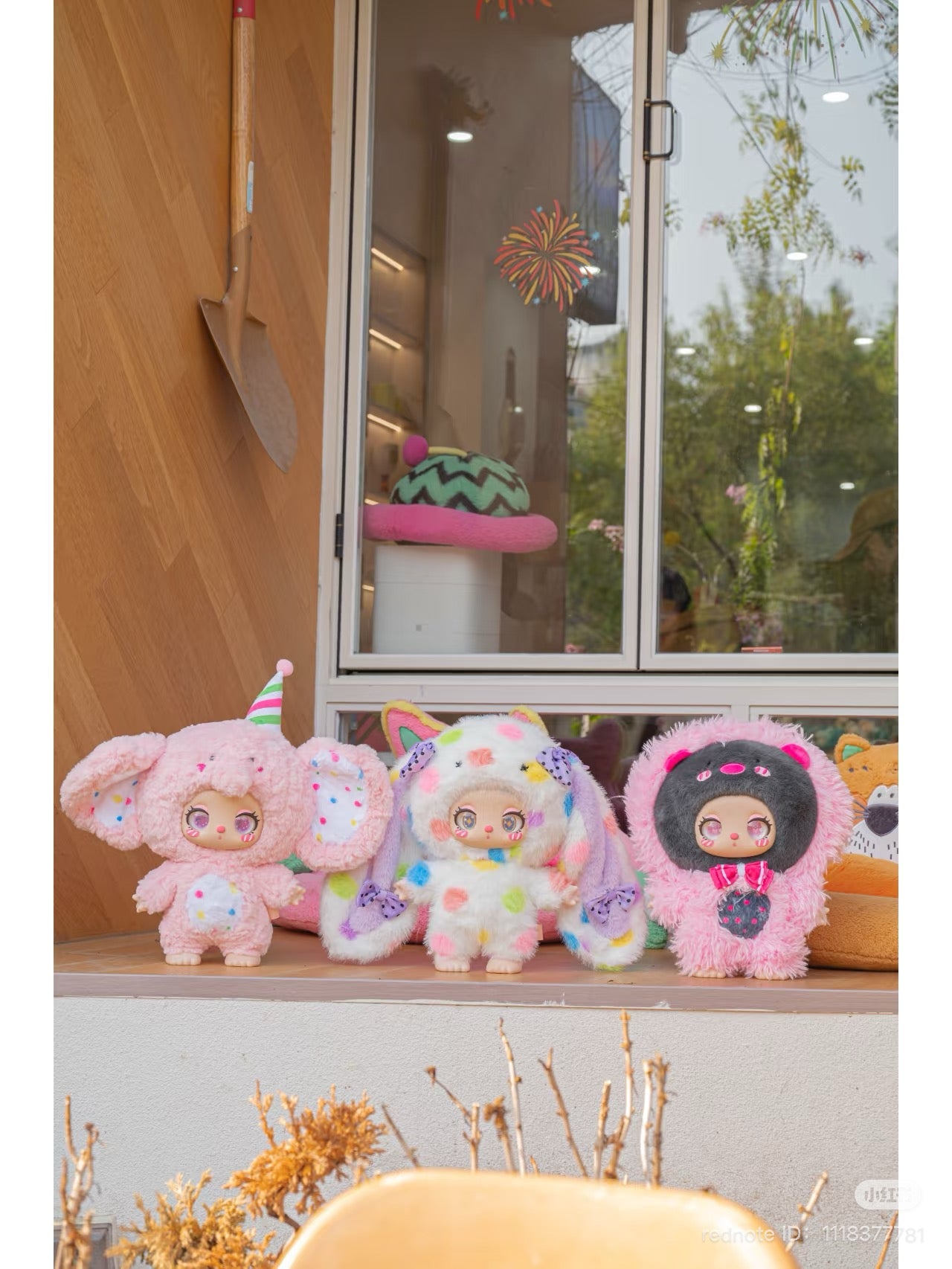 LIILA'S ZOO 600% Blind Box Plush Series on window sill, featuring various stuffed animal designs. Preorder for March 2025.