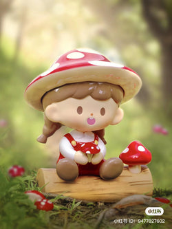 zZoton 200% Zhuo Dawang Mushroom Elf Da Wa toy girl figurine with mushroom hat sitting on log, close-ups of mouth, finger, and mushroom.