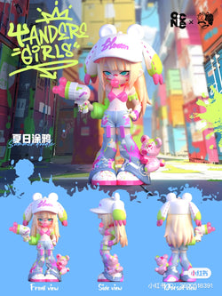 A blind box and art toy store product: YANDERE GIRLS - Summer Graffiti. Cartoon character figurine with a pink hat and gun, 20cm PVC/ABS/RESIN.