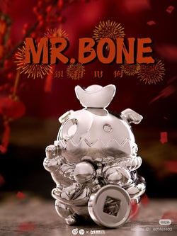 Mr Bone Lucky Dog Silver Zombie Dog statue, 9cm resin, limited to 200 pieces, featuring a silver cartoon figure from Strangecat Toys.