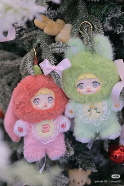 Nommi Interesting Fruit Series Plush Blind Box featuring various stuffed toys displayed on a Christmas tree, available as part of a collectible set.