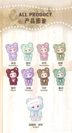 Nommi - 400% Goodnight Bear Plush Series Blind Box featuring cartoon characters in bear garments, part of a series with six regular and one secret design.