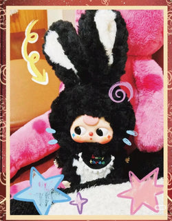 Baby Three Lili Rabbit Town Plush Blind Box featuring a black and white stuffed animal with a bunny face, adorned with colorful stars.