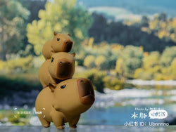 A blind box series featuring Animal Heavenly Body Capibara toy stacked, close-ups of toys, and small brown animals. Preorder now for July 2024.