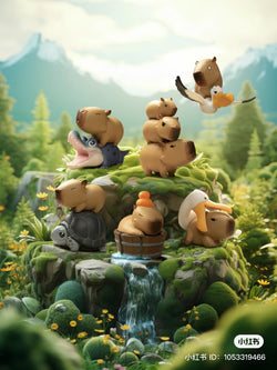 A blind box series featuring Animal Heavenly Body Capibara figures. Preorder now for July 2024. Includes 6 regular designs and 1 secret. Group of cartoon animals on a rock, toy animals, and more.