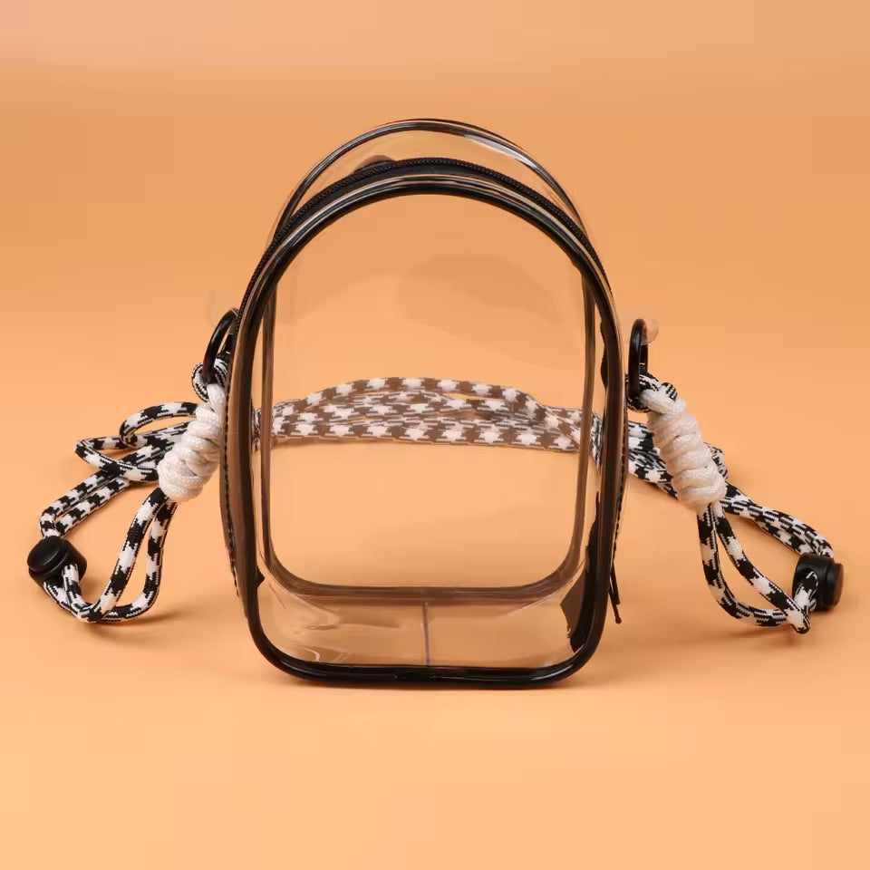 Protect Case 15cm Cotton Doll Shoulder Bag, featuring a clear plastic design with a black and white rope strap, ideal for art toy enthusiasts.