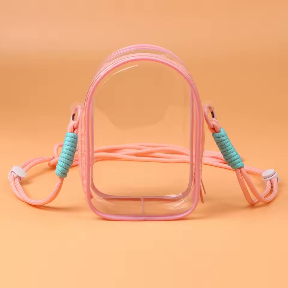 Protect Case 15cm Cotton Doll Shoulder Bag, clear PVC with blue rope straps, ideal for carrying and displaying collectible art toys.