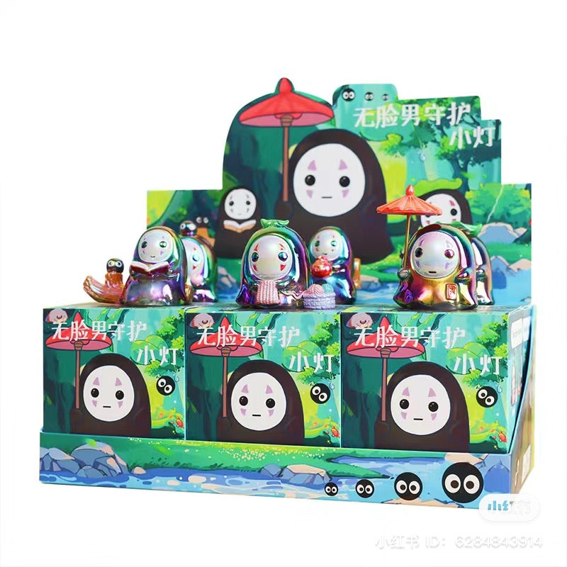 Display of No Face Man Blind Box Series figurines, featuring various cartoon characters and potential secret designs.