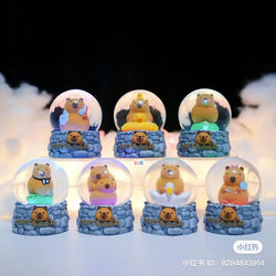 Alt text: Capybara Snow Globe Blind Box Series featuring various bear figurines inside snow globes.