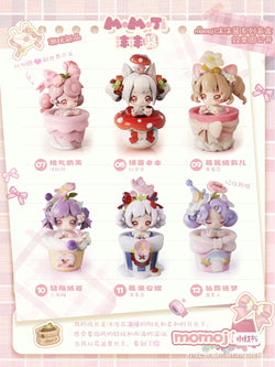 Alt text: Momoji Miracle Garden Series featuring various cartoon girl figurines, including hidden and surprise designs. Preorder for July 2024.