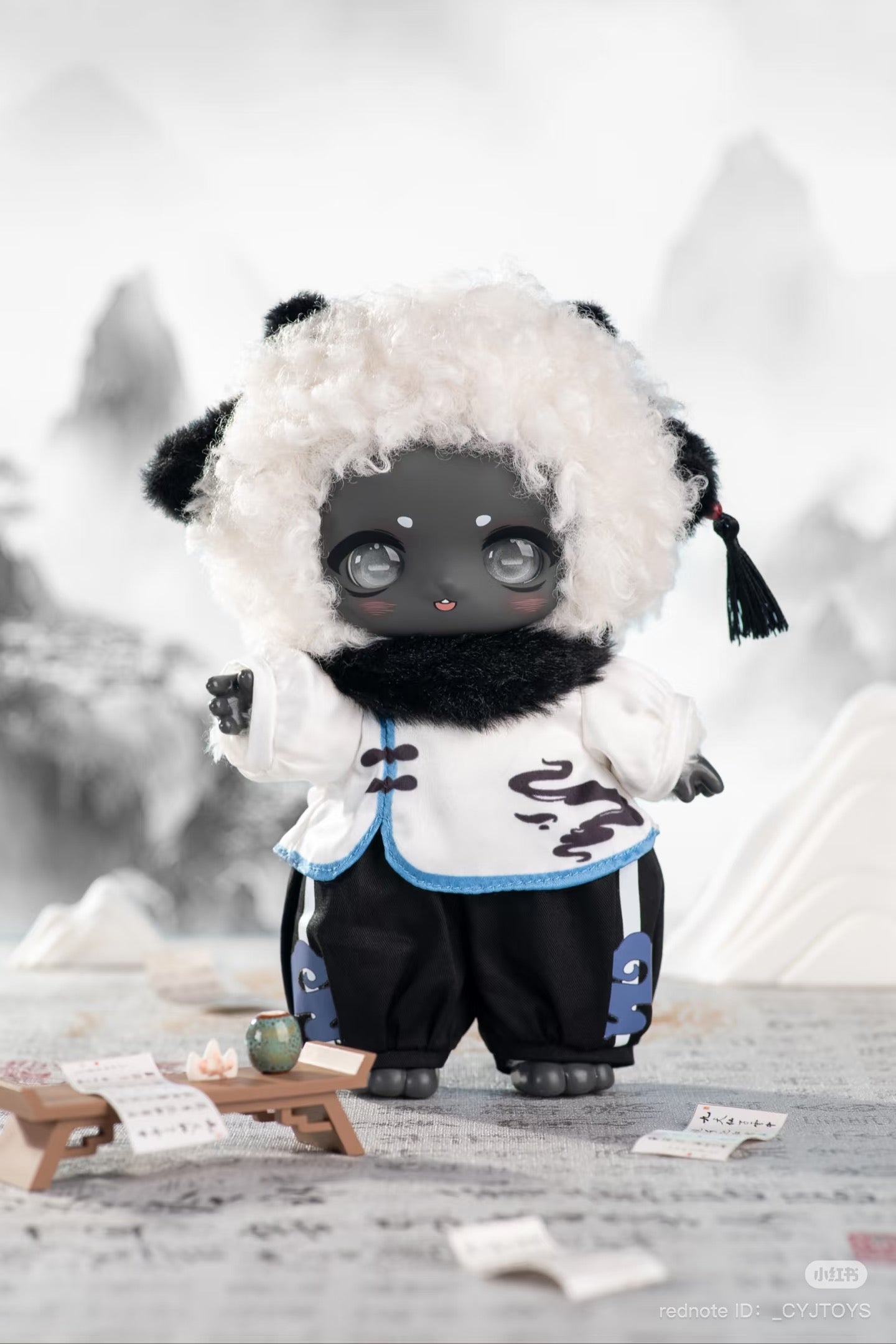 NAGI Scenic Romance Series Plush Blind Box featuring a toy doll in black and white attire, available for preorder, shipping late April 2025.