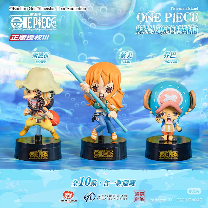 One Piece Fish-Man Island Aroma Blind Box featuring cartoon figurines, including a girl with a stick and characters with hats, available for preorder.