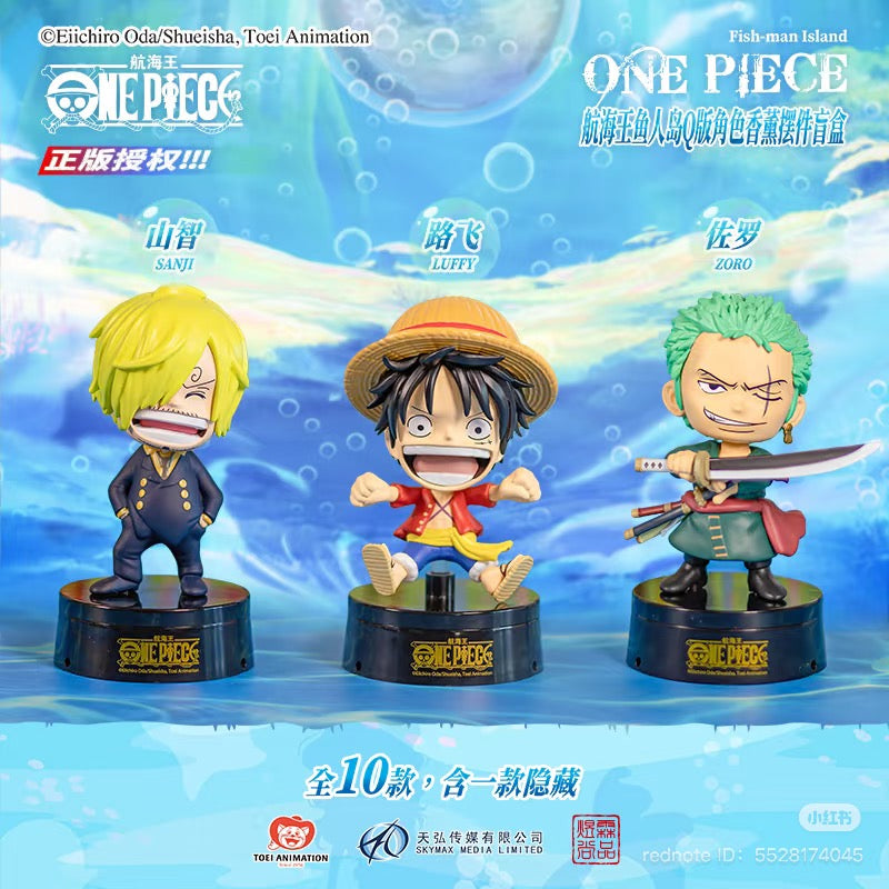 One Piece Fish-Man Island Aroma Blind Box featuring cartoon figurines, including a boy with a sword, available for preorder from Strangecat Toys.