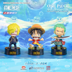 One Piece Fish-Man Island Aroma Blind Box featuring cartoon figurines, including a boy with a sword, available for preorder from Strangecat Toys.