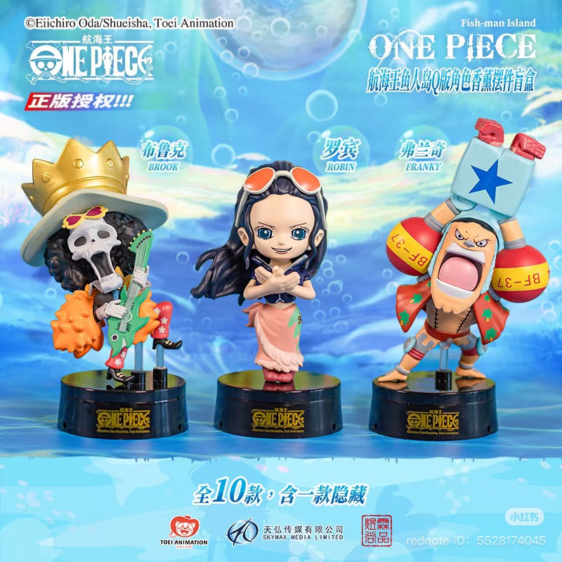 One Piece Fish-Man Island Aroma Blind Box figurines, featuring diverse character designs, displayed in a group for preorder at Strangecat Toys.