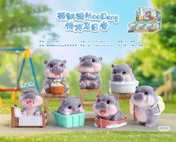 MooDeng Blind Box Series featuring small hippo figurines, includes 6 regular designs and 1 secret. Ideal for collectors of unique art toys.