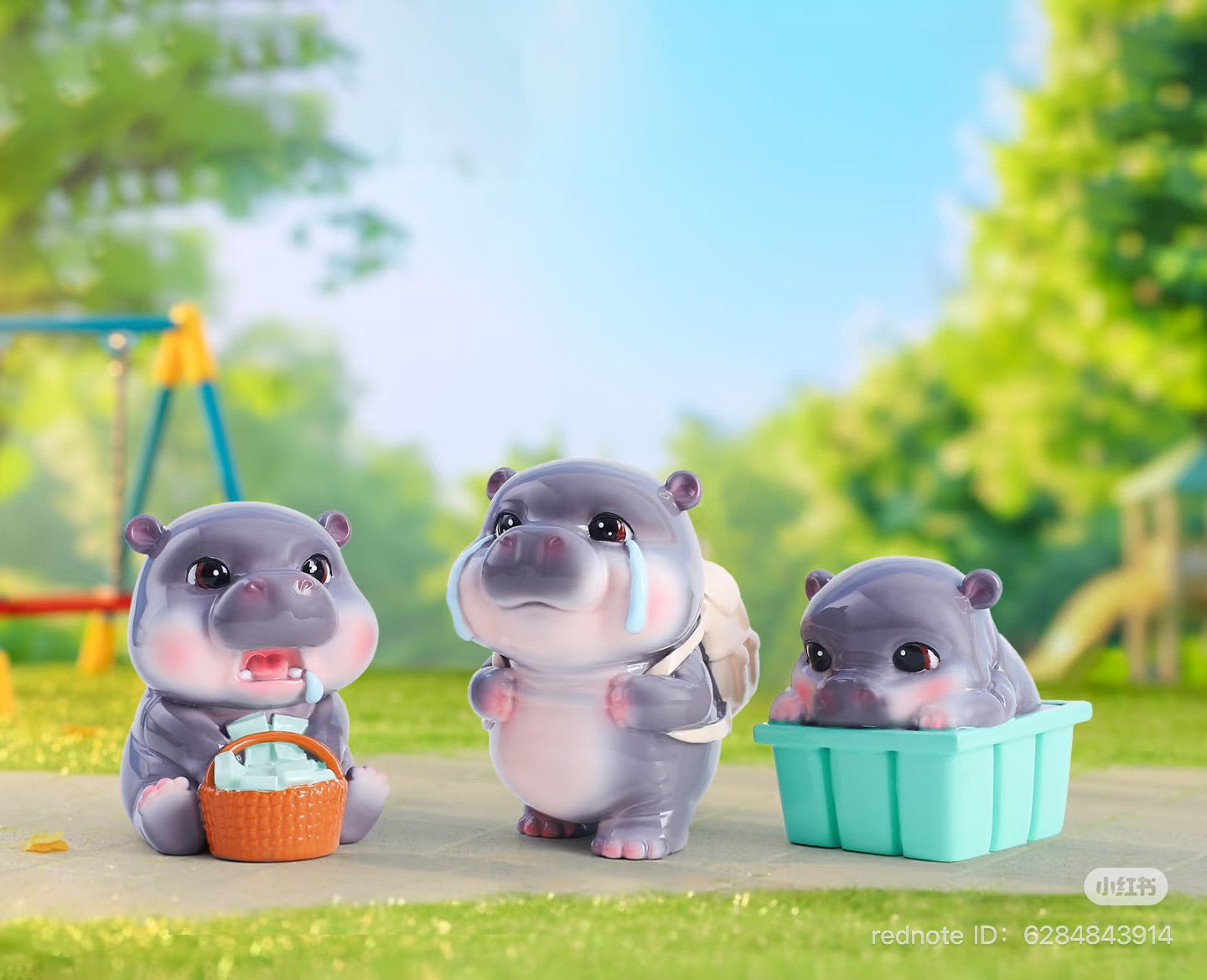 MooDeng Blind Box Series featuring hippo figurines, including a hippo statue with a backpack and a ceramic basket, ideal for collectors of art toys.