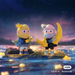 Two toy figures from the FARMER BOB Next Generation·Pixel Universe Blind Box Series on a small island, featuring a moon and a star.