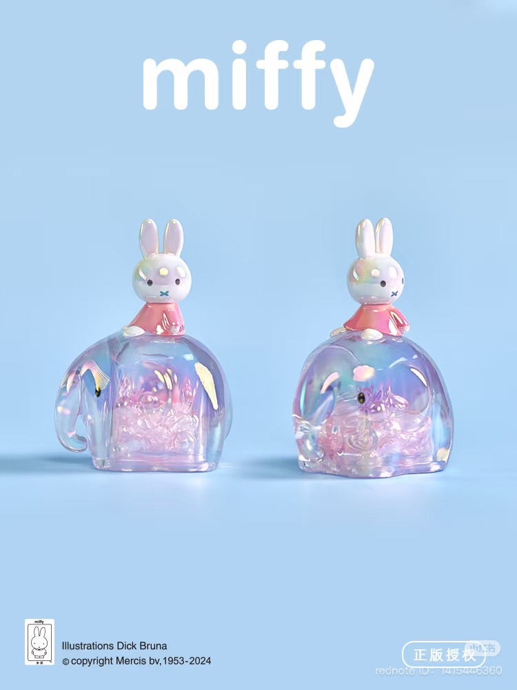 MiffyElephant Blind Box Series featuring plastic bunny-eared toys atop an elephant, part of a collectible set with 8 designs and 4 secret variations.