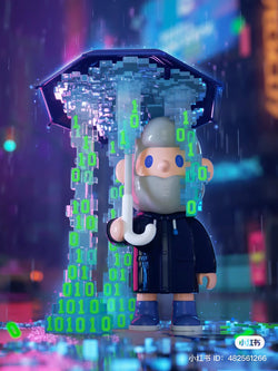 A toy figure with blue eyes and a beard holding an umbrella from the FARMER BOB Next Generation·Pixel Universe Blind Box Series.