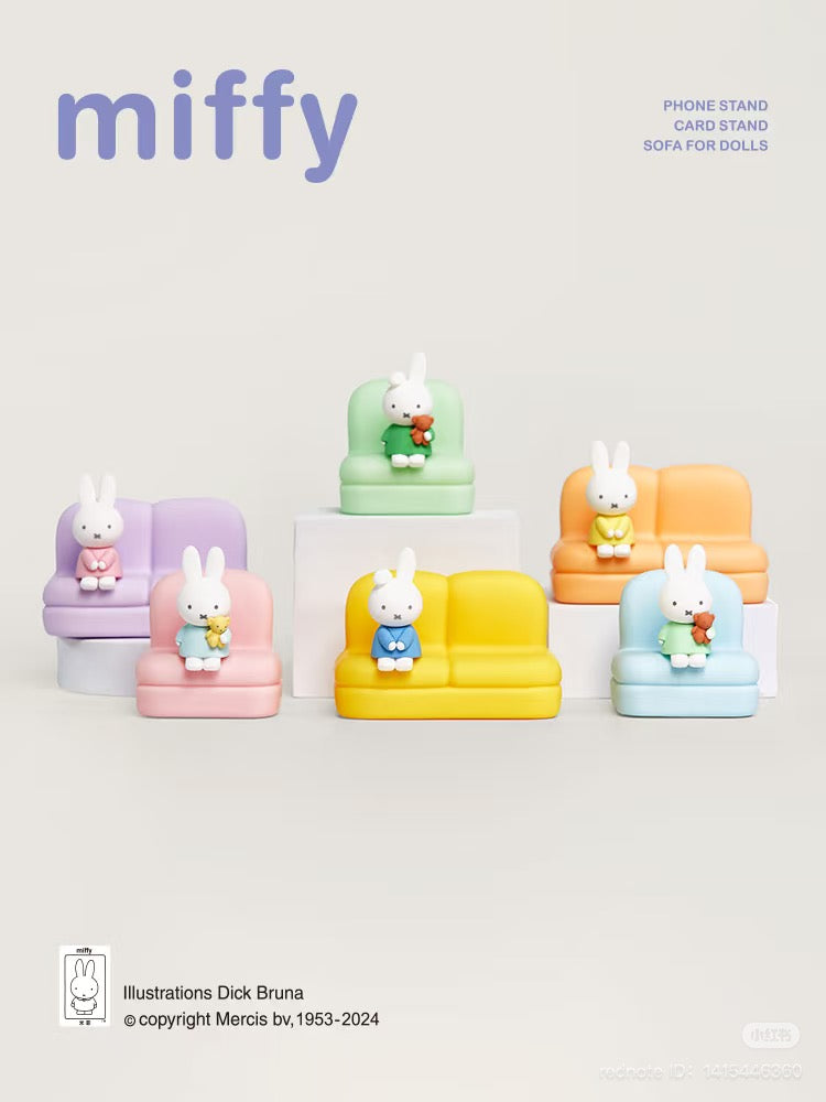 Miffy Sofa Phone Stand Blind Box Series featuring toy rabbits on a couch, part of a collectible set with regular and secret designs.