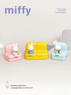 Miffy Sofa Phone Stand Blind Box Series featuring toy rabbits on a couch, each holding a tiny teddy bear, perfect for collectors.