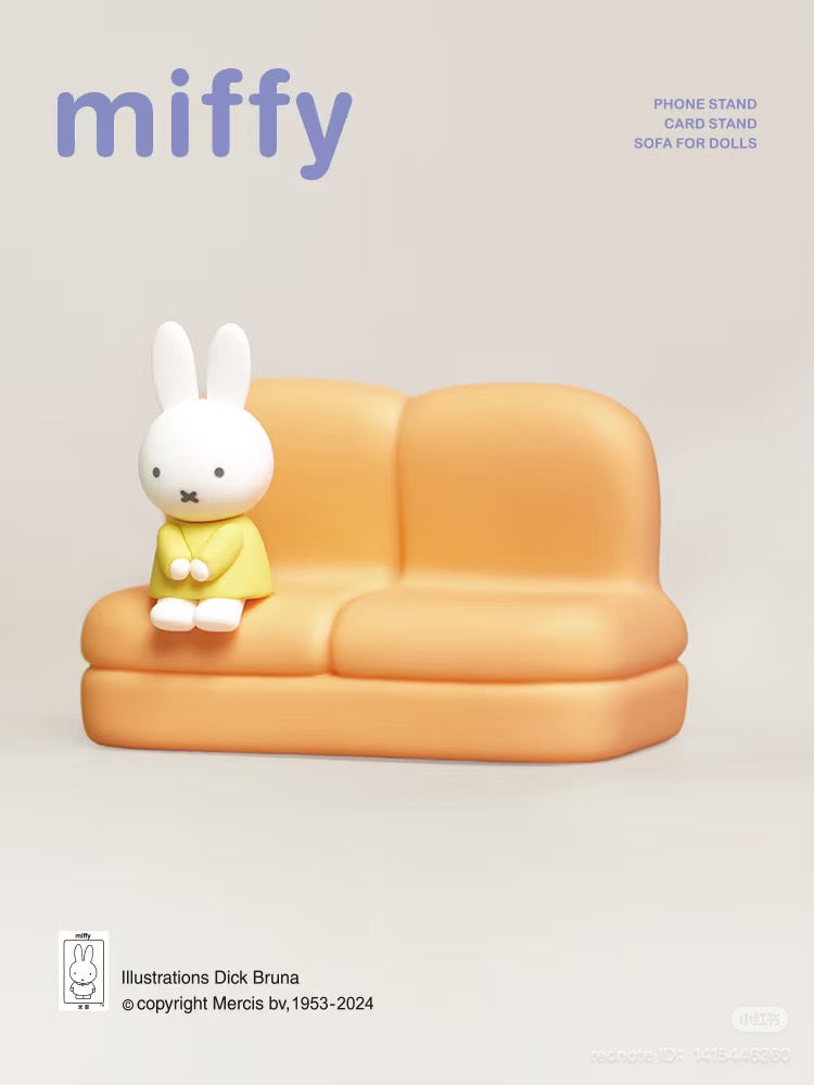 Miffy Sofa Phone Stand Blind Box Series featuring a toy bunny on a couch, part of a collectible set with regular and secret designs.