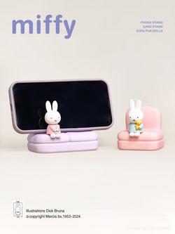 Miffy Sofa Phone Stand Blind Box Series featuring a toy bunny on a couch, highlighting one of the collectible designs.